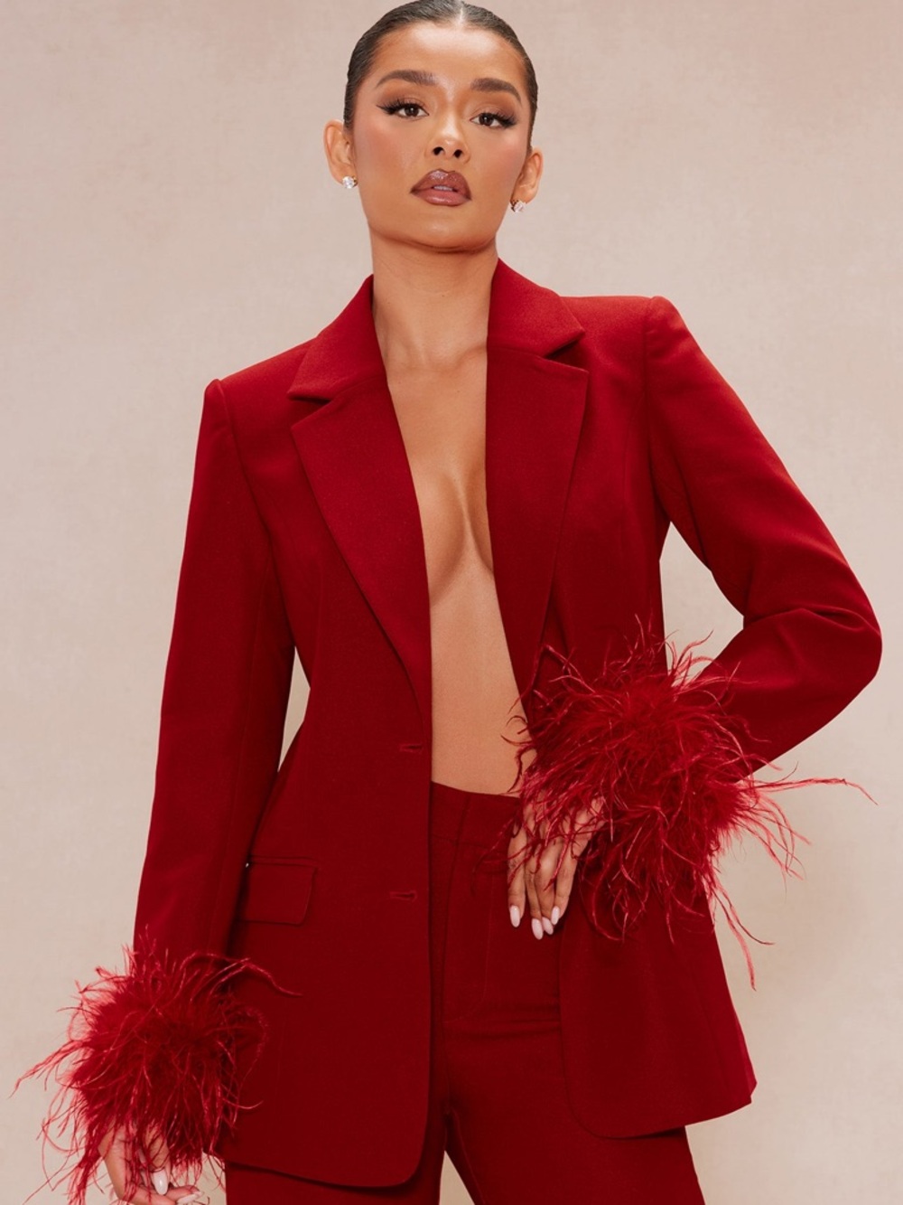 WORN ONCE - Clarissa Feather Blazer Suit Set - Red